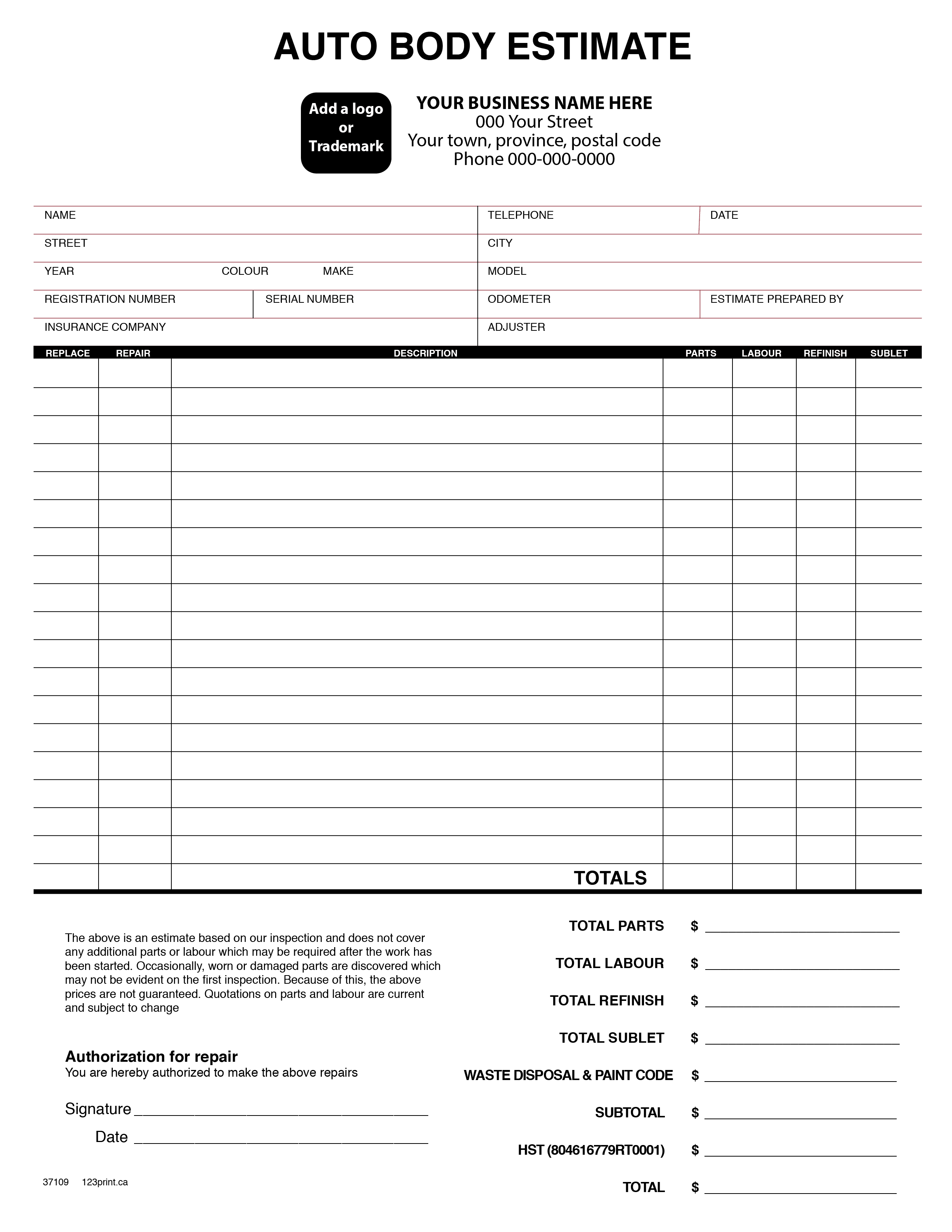 Auto Body Estimate Template