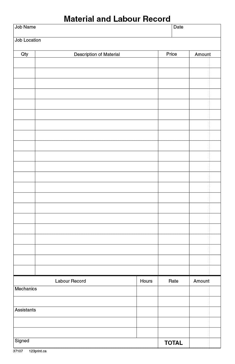 MATERIAL LABOUR RECORD FORM 123print ca