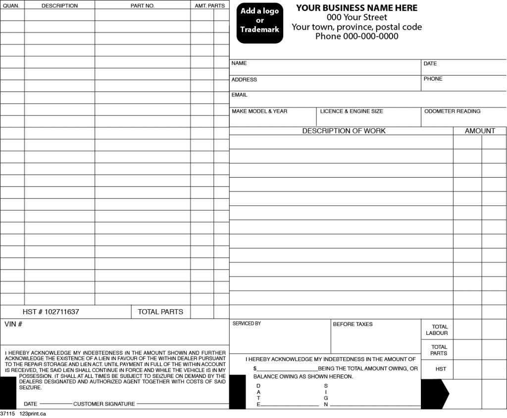 WORK ORDER - Auto Small 37115 ~ 123print.ca